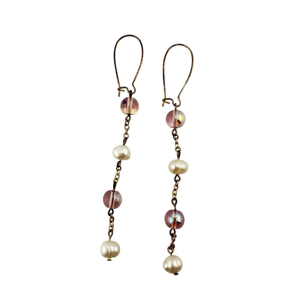 Freshwater Pearl Irridescent Pink Glass Gold Tone Beaded Dangle Drop 4" Earrings